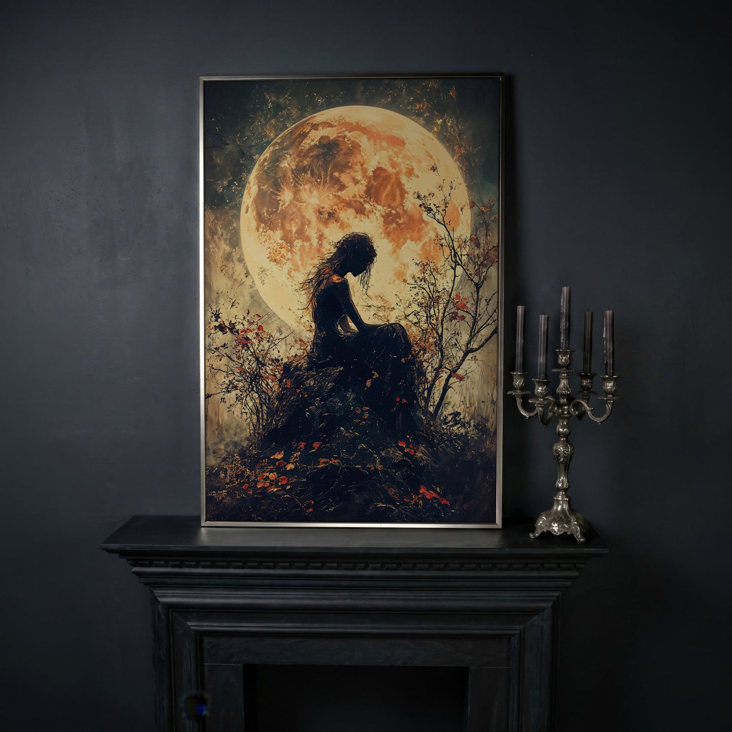 Moonlit Girl and Butterflies Silhouette Canvas Art in silver floating frame