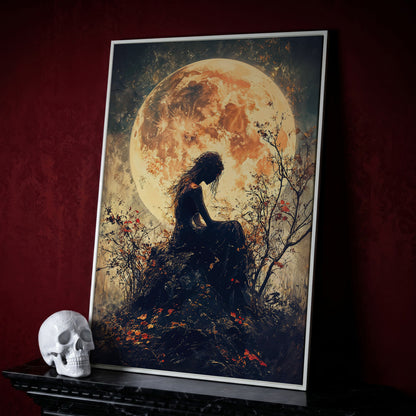 Moonlit Girl and Butterflies Silhouette Canvas Art in white floating frame