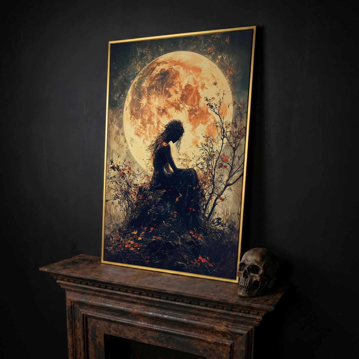 Moonlit Girl and Butterflies Silhouette Canvas Art in yellow gold floating frame