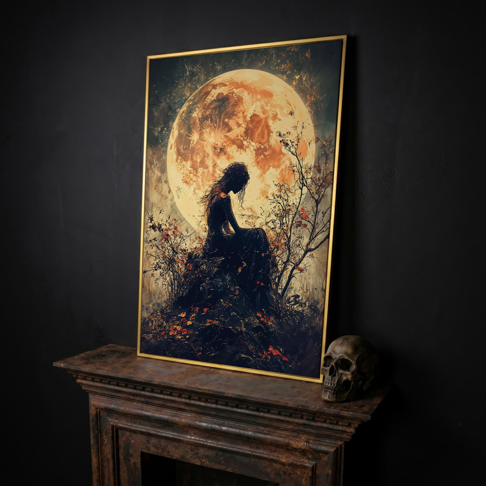 Moonlit Girl and Butterflies Silhouette Canvas Art in yellow gold floating frame