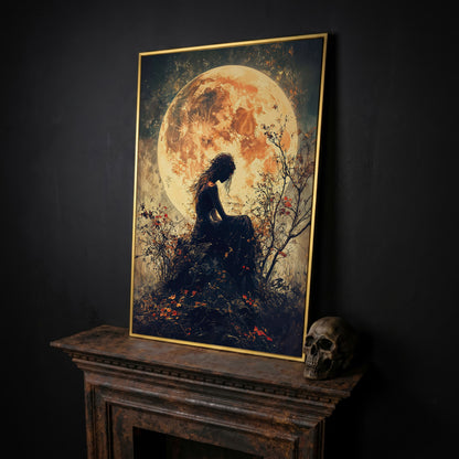 Moonlit Girl and Butterflies Silhouette Canvas Art in yellow gold floating frame