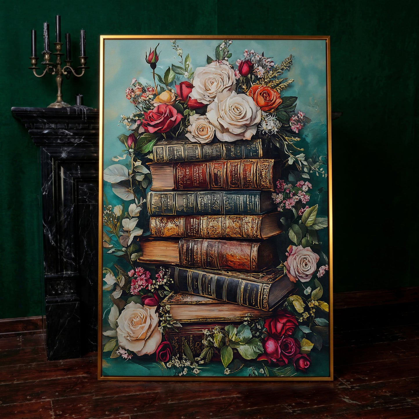 Vintage Books with Roses Canvas Art, Dark Floral Book Stack in antique gold floating frame