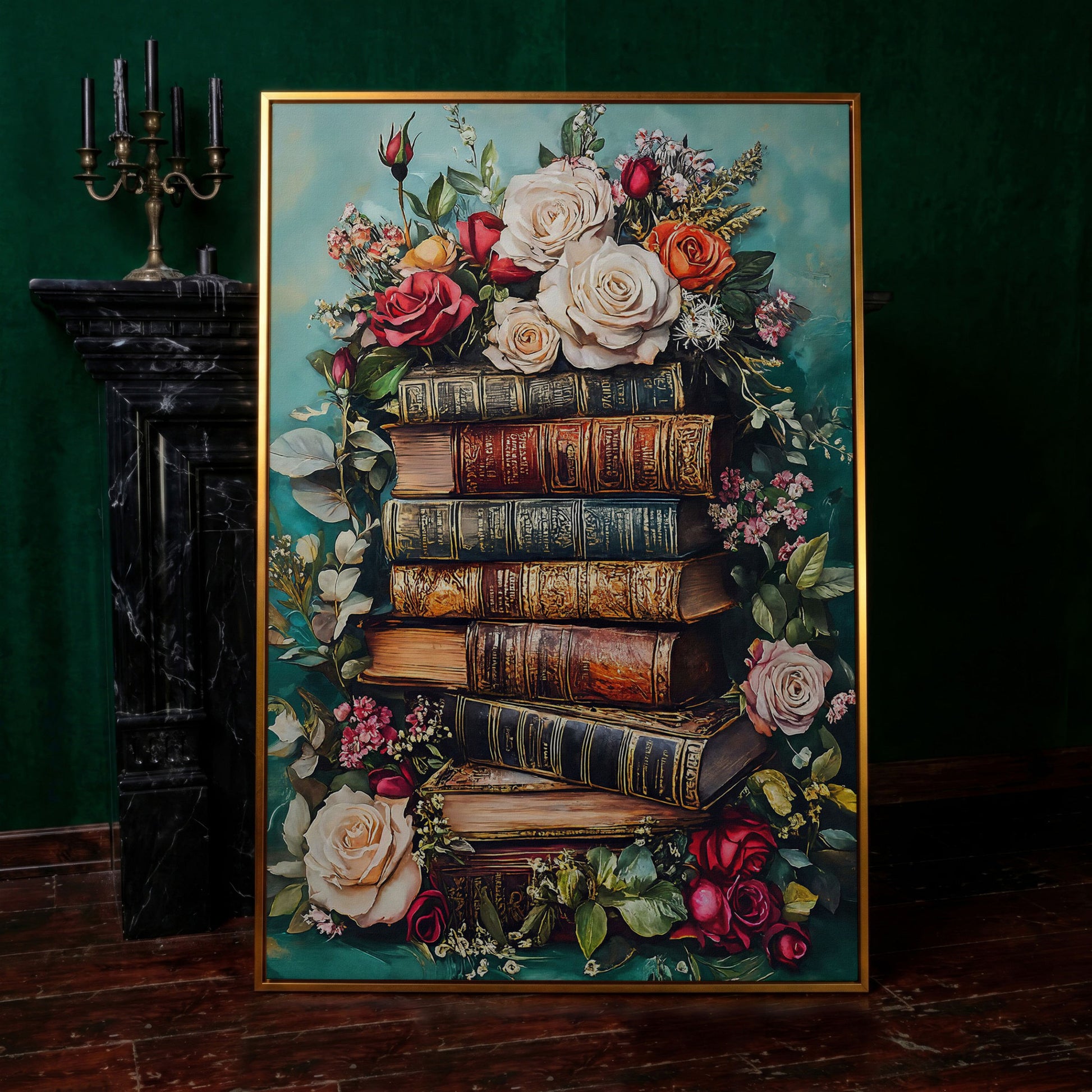 Vintage Books with Roses Canvas Art, Dark Floral Book Stack in antique gold floating frame