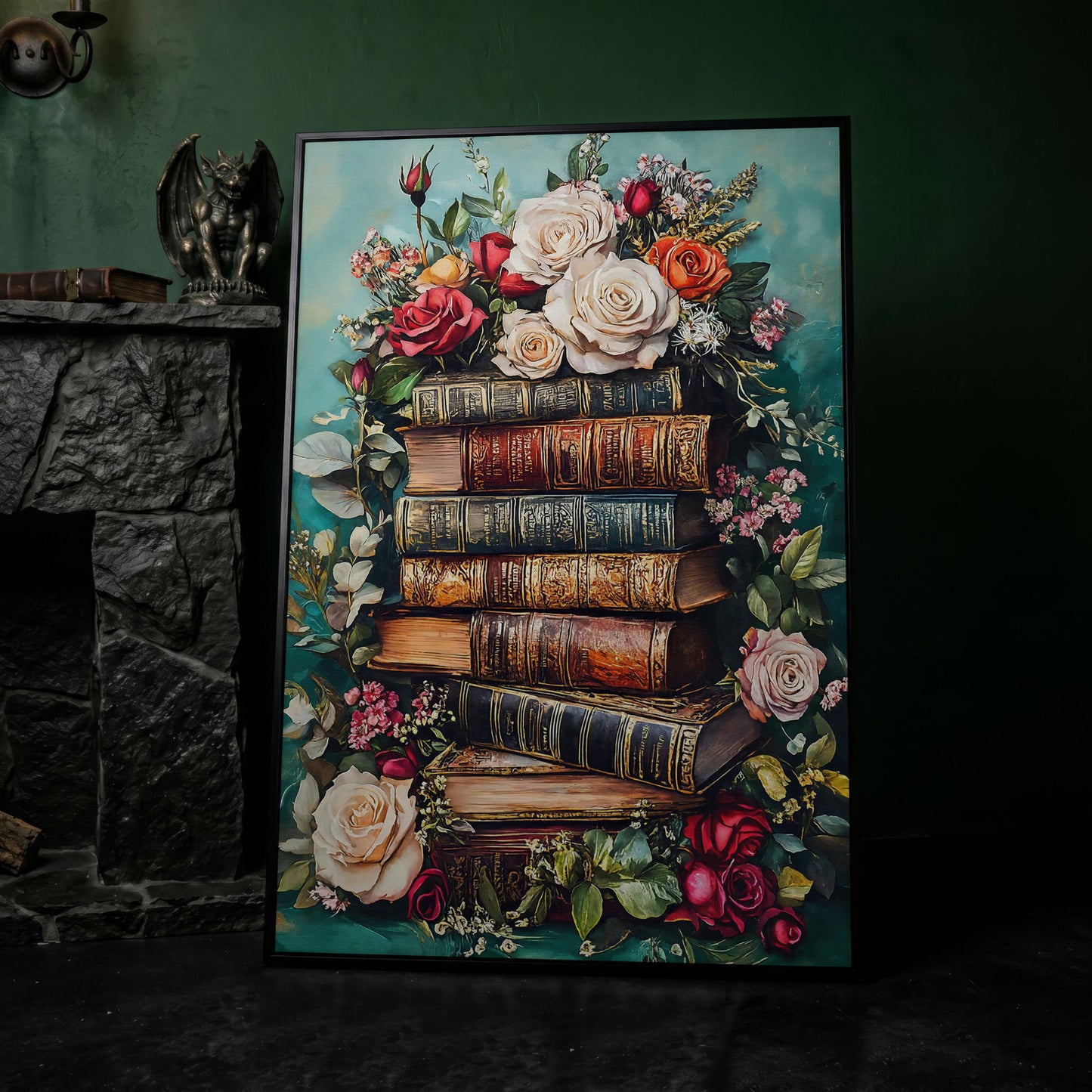 Vintage Books with Roses Canvas Art, Dark Floral Book Stack in black floating frame