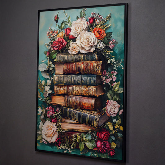 Vintage Books with Roses Canvas Art, Dark Floral Book Stack shown in black floating frame