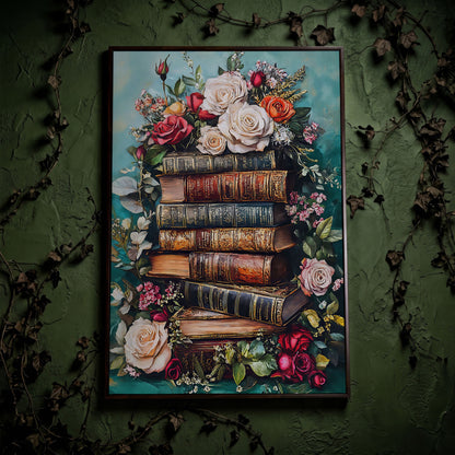 Vintage Books with Roses Canvas Art, Dark Floral Book Stack in dark walnut floating frame