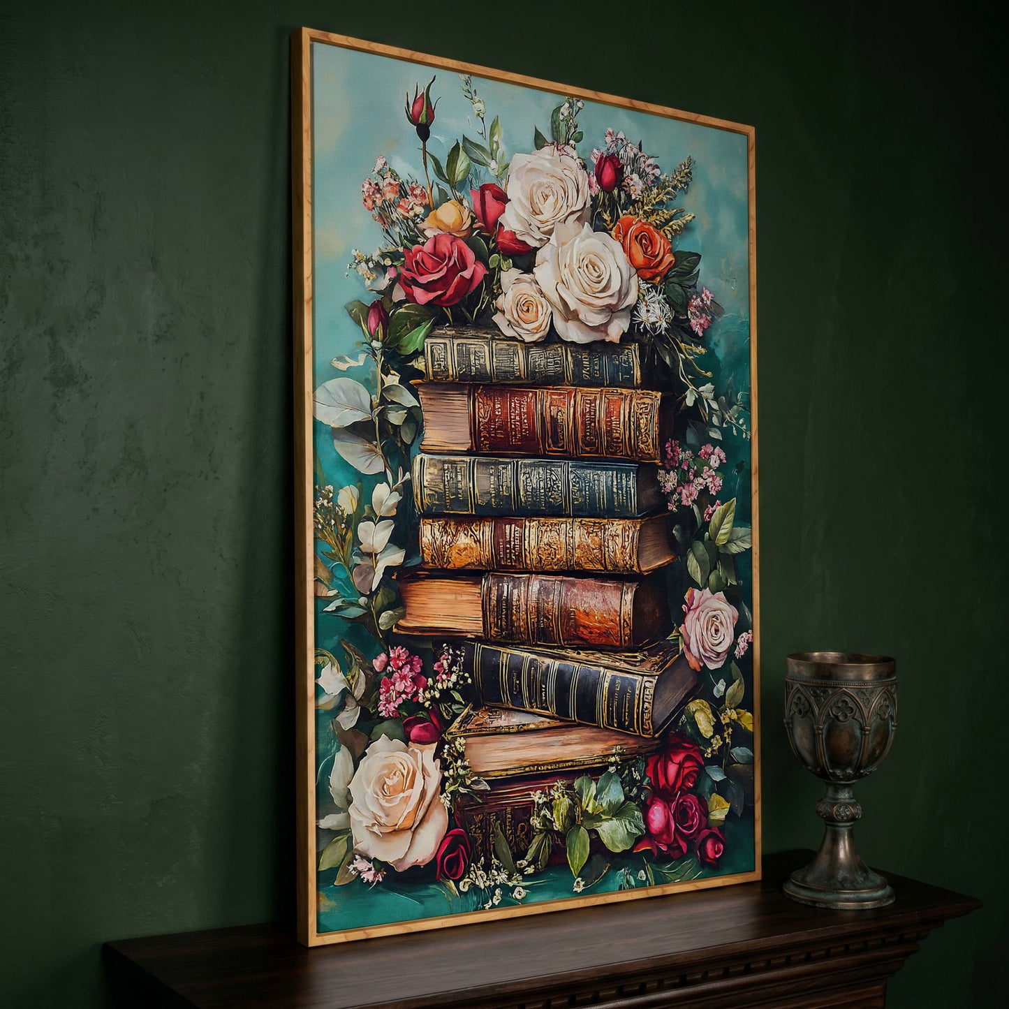 Vintage Books with Roses Canvas Art, Dark Floral Book Stack in white oak floating frame