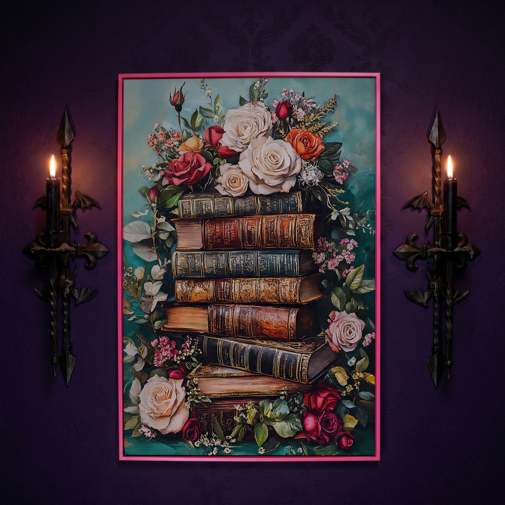 Vintage Books with Roses Canvas Art, Dark Floral Book Stack in pink floating frame