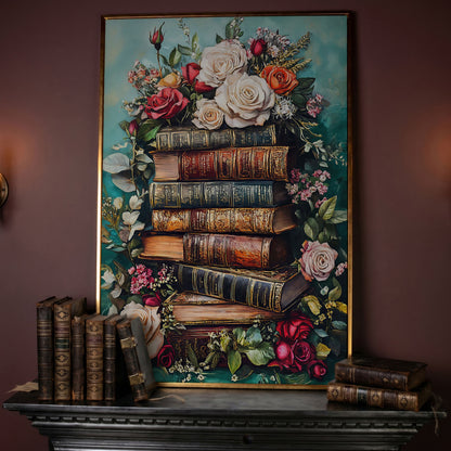 Vintage Books with Roses Canvas Art, Dark Floral Book Stack in rose gold floating frame