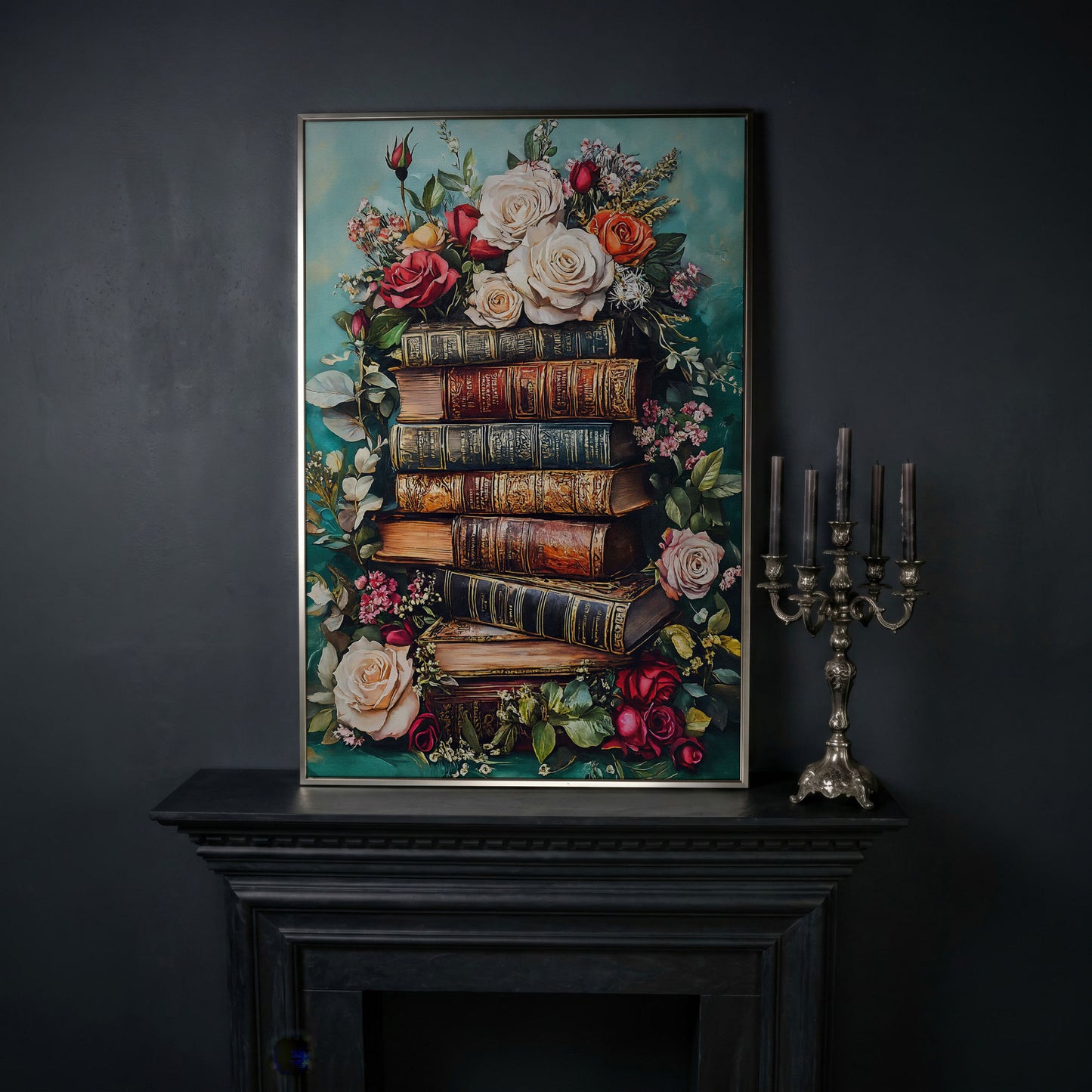 Vintage Books with Roses Canvas Art, Dark Floral Book Stack in silver floating frame