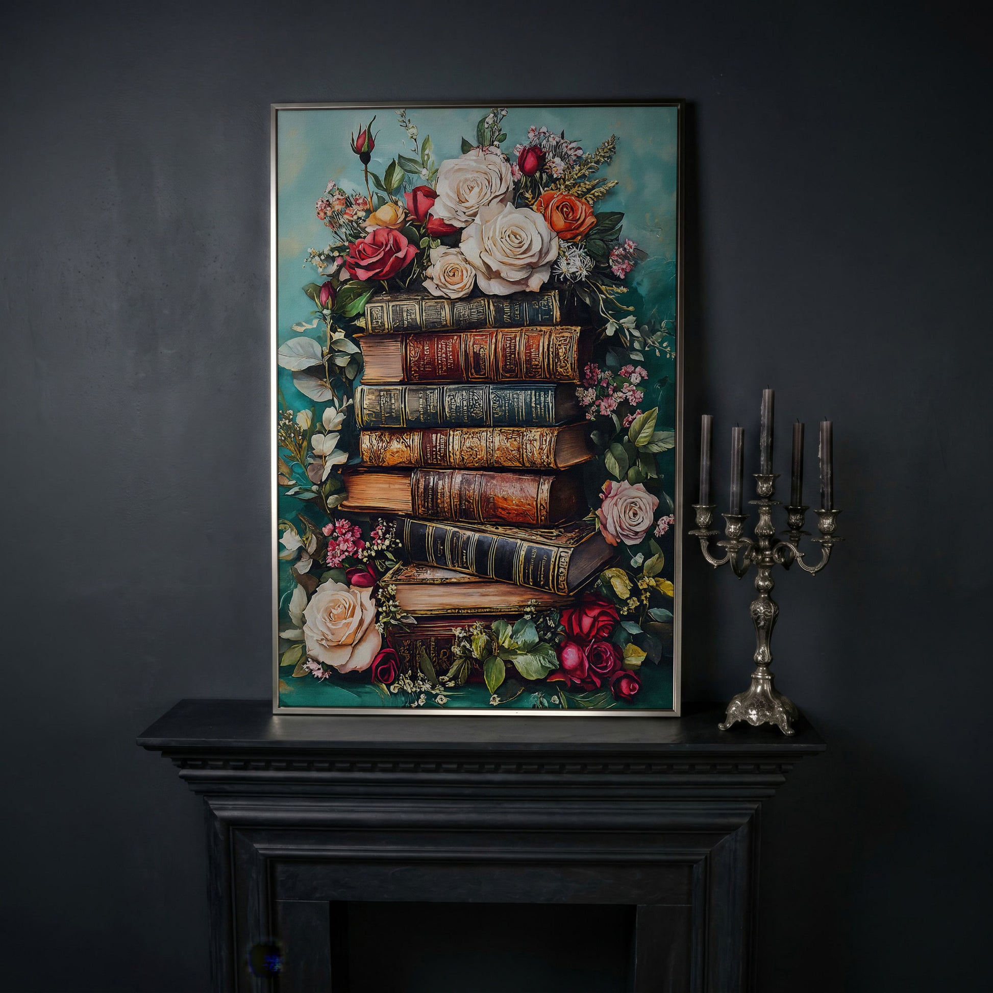Vintage Books with Roses Canvas Art, Dark Floral Book Stack in silver floating frame