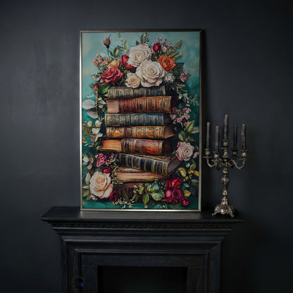 Vintage Books with Roses Canvas Art, Dark Floral Book Stack in silver floating frame