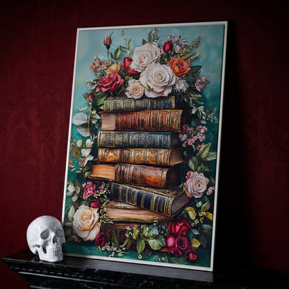 Vintage Books with Roses Canvas Art, Dark Floral Book Stack in white floating frame