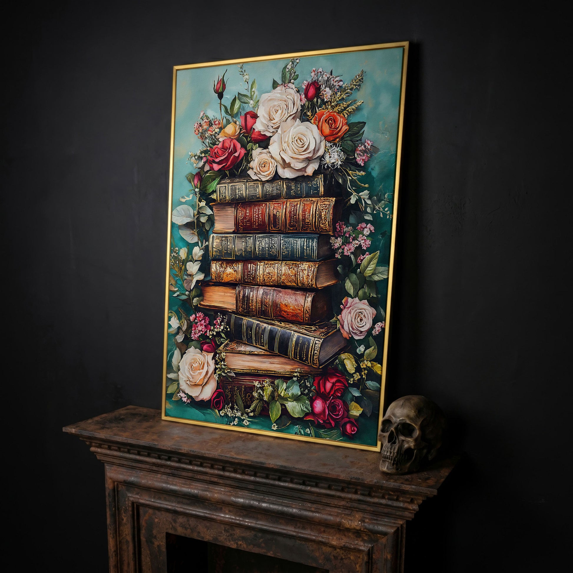 Vintage Books with Roses Canvas Art, Dark Floral Book Stack in yellow gold floating frame