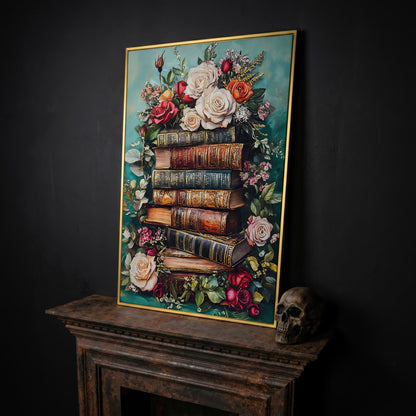 Vintage Books with Roses Canvas Art, Dark Floral Book Stack in yellow gold floating frame