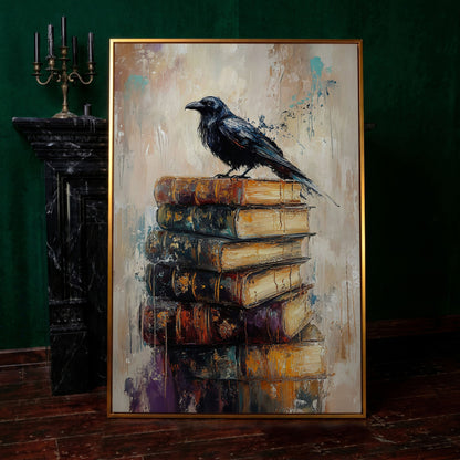 Black Raven on Vintage Books Canvas Wall Art in antique gold floating frame