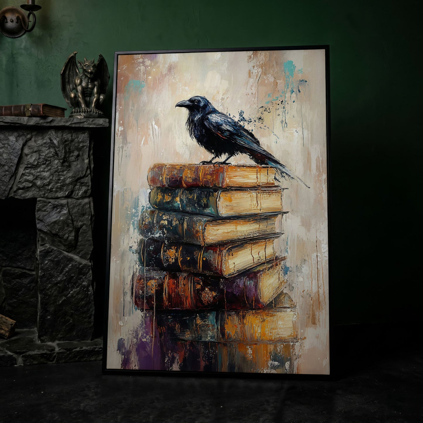 Black Raven on Vintage Books Canvas Wall Art in black floating frame