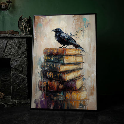 Black Raven on Vintage Books Canvas Wall Art in black floating frame