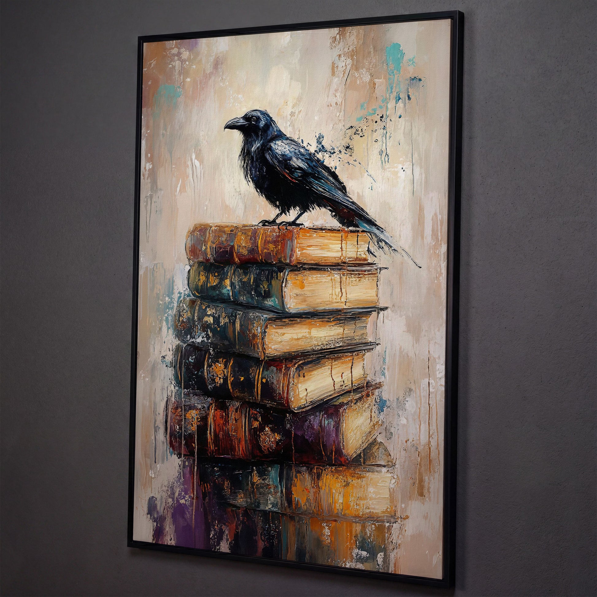 Black Raven on Vintage Books Canvas Wall Art shown in black floating frame