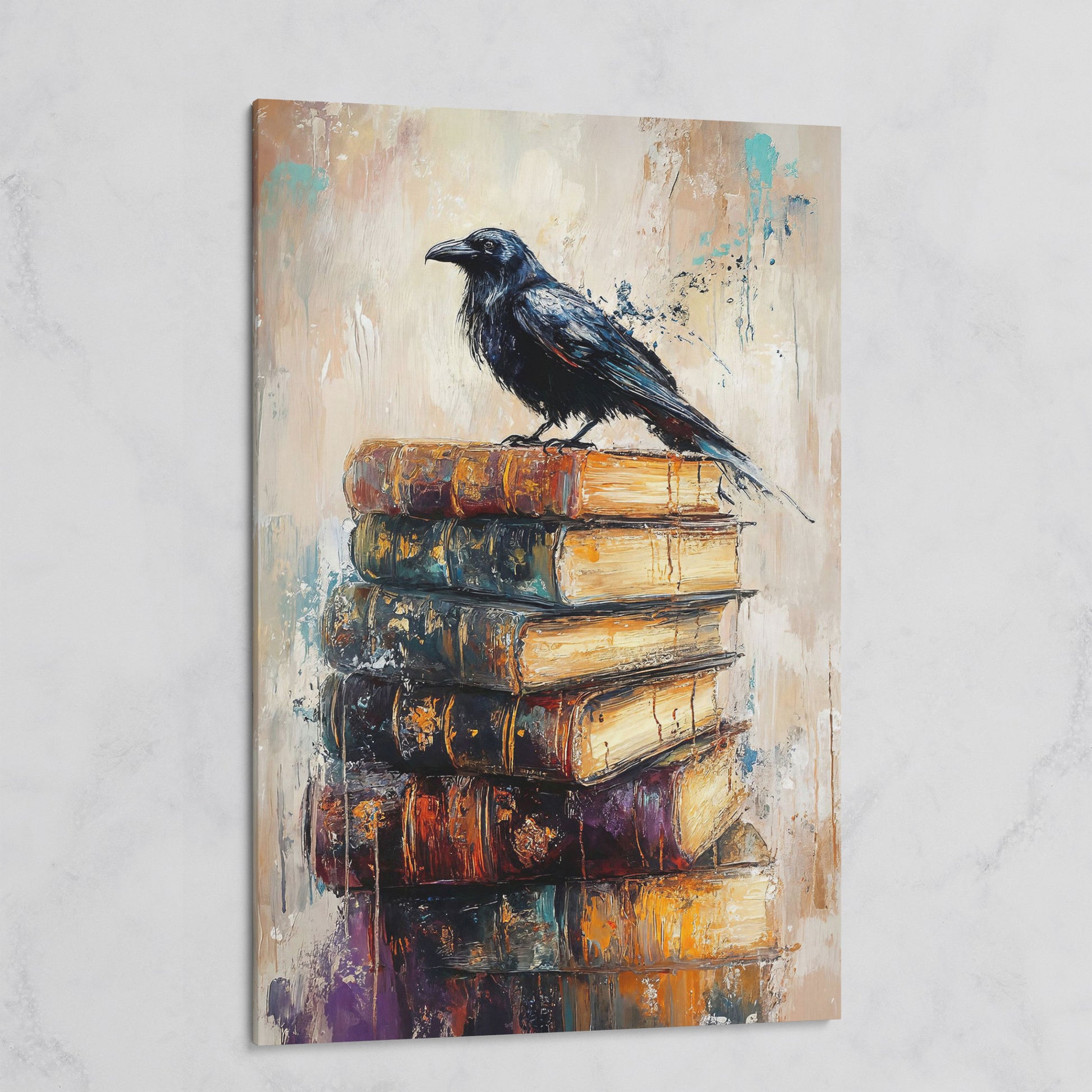 Black Raven on Vintage Books Canvas Wall Art on gallery wrap