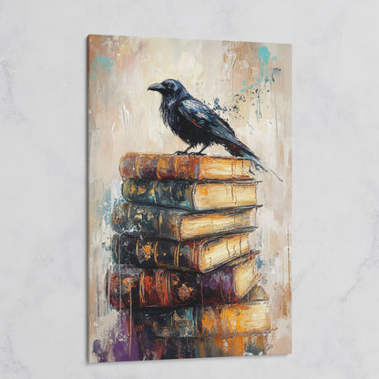 Black Raven on Vintage Books Canvas Wall Art on gallery wrap