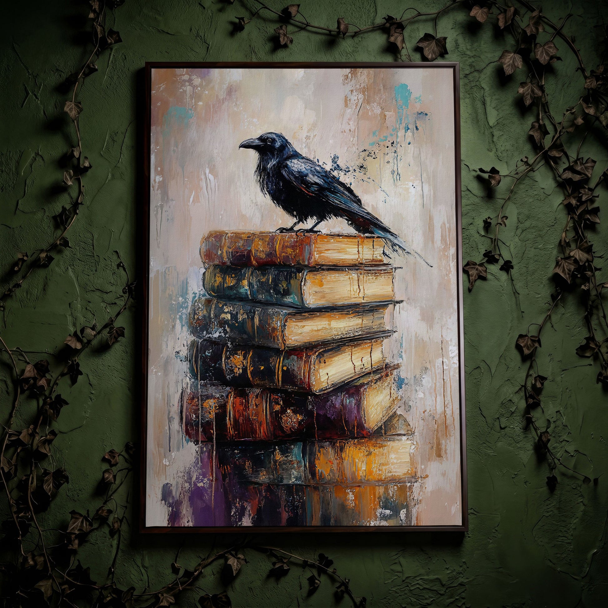 Black Raven on Vintage Books Canvas Wall Art in dark walnut floating frame