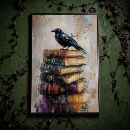 Black Raven on Vintage Books Canvas Wall Art in dark walnut floating frame
