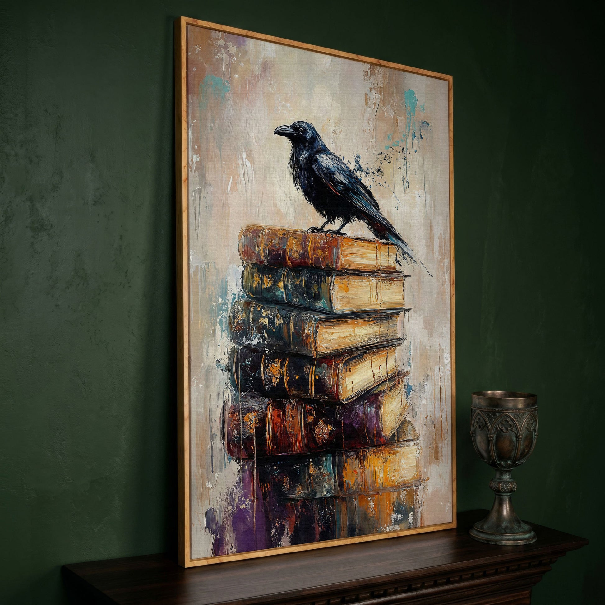 Black Raven on Vintage Books Canvas Wall Art in white oak floating frame