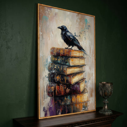 Black Raven on Vintage Books Canvas Wall Art in white oak floating frame