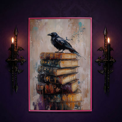 Black Raven on Vintage Books Canvas Wall Art in pink floating frame