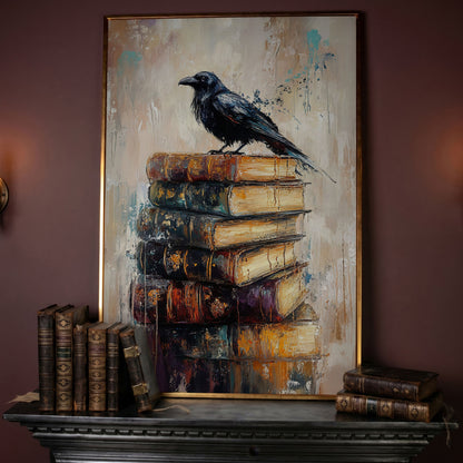 Black Raven on Vintage Books Canvas Wall Art in rose gold floating frame