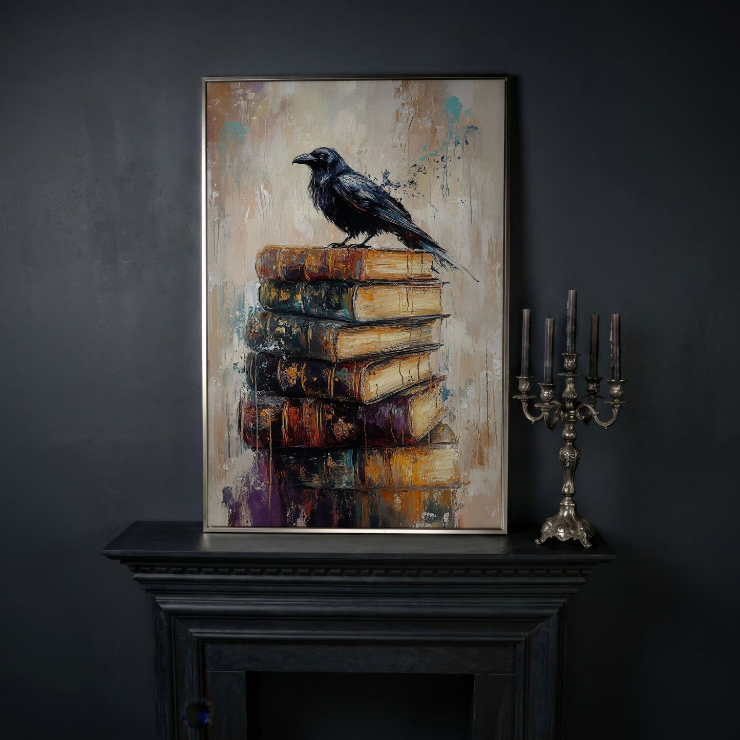 Black Raven on Vintage Books Canvas Wall Art in silver floating frame