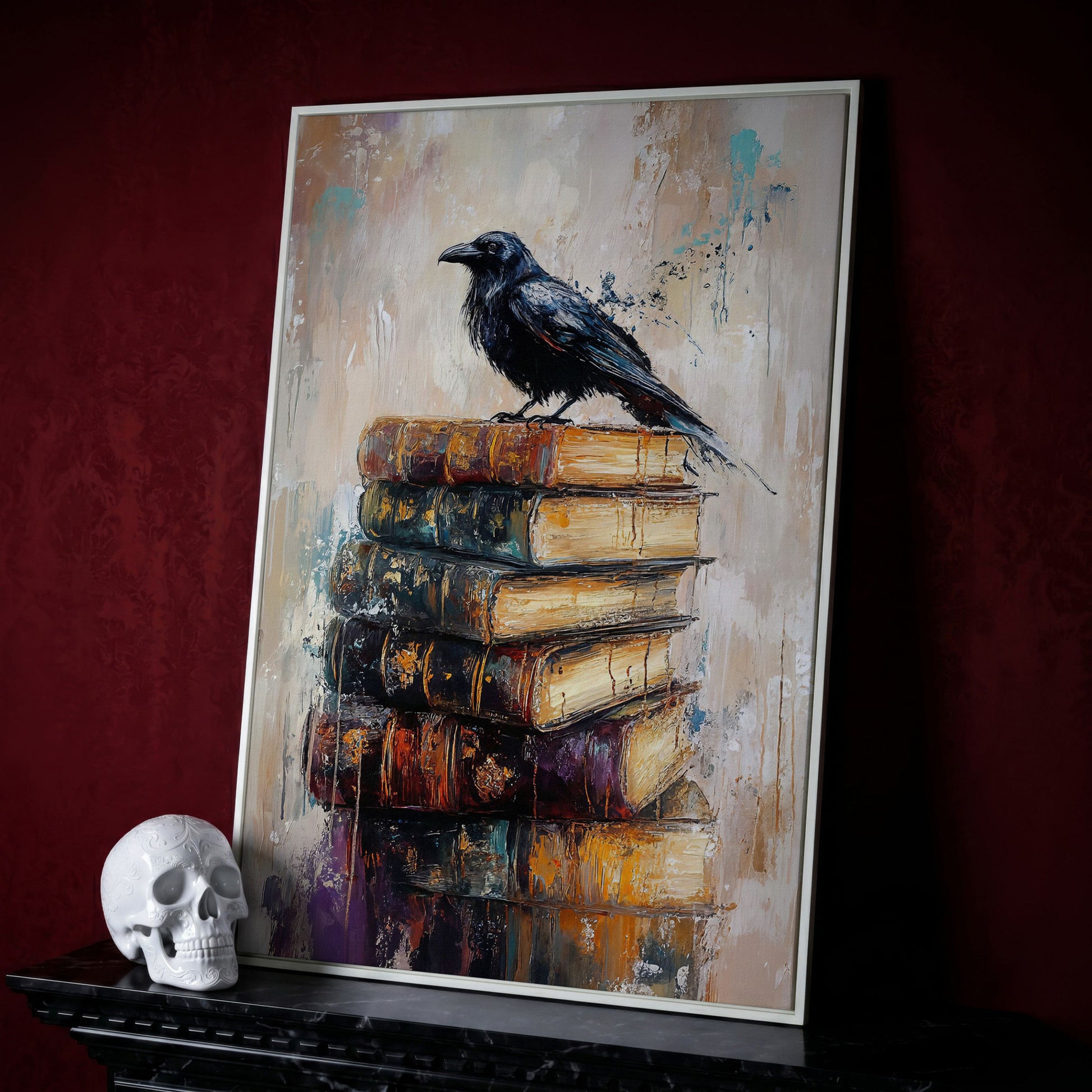 Black Raven on Vintage Books Canvas Wall Art in white floating frame