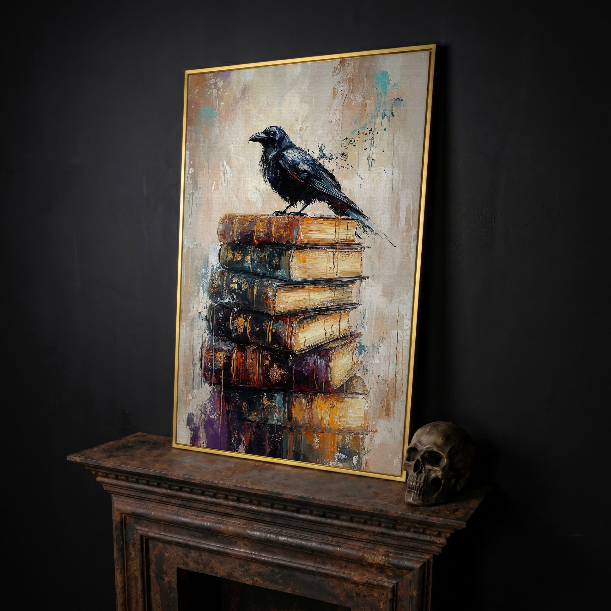 Black Raven on Vintage Books Canvas Wall Art in yellow gold floating frame