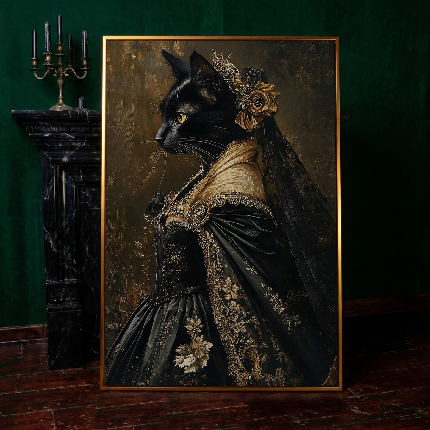 Victorian Black Cat Portrait Canvas Art, Dark Academic Wall Decor in antique gold floating frame