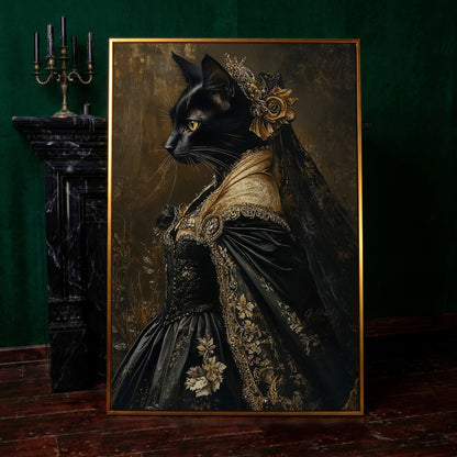 Victorian Black Cat Portrait Canvas Art, Dark Academic Wall Decor in antique gold floating frame