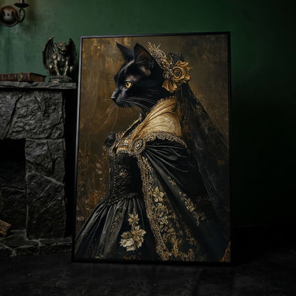 Victorian Black Cat Portrait Canvas Art, Dark Academic Wall Decor in black floating frame