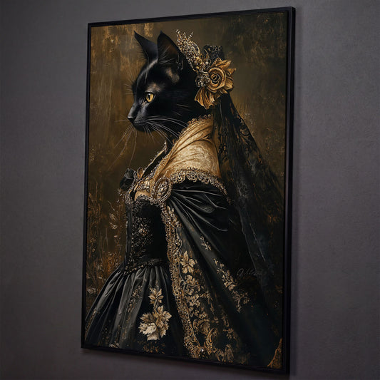 Victorian Black Cat Portrait Canvas Art, Dark Academic Wall Decor shown in black floating frame