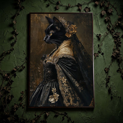 Victorian Black Cat Portrait Canvas Art, Dark Academic Wall Decor in dark walnut floating frame
