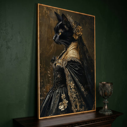 Victorian Black Cat Portrait Canvas Art, Dark Academic Wall Decor in white oak floating frame