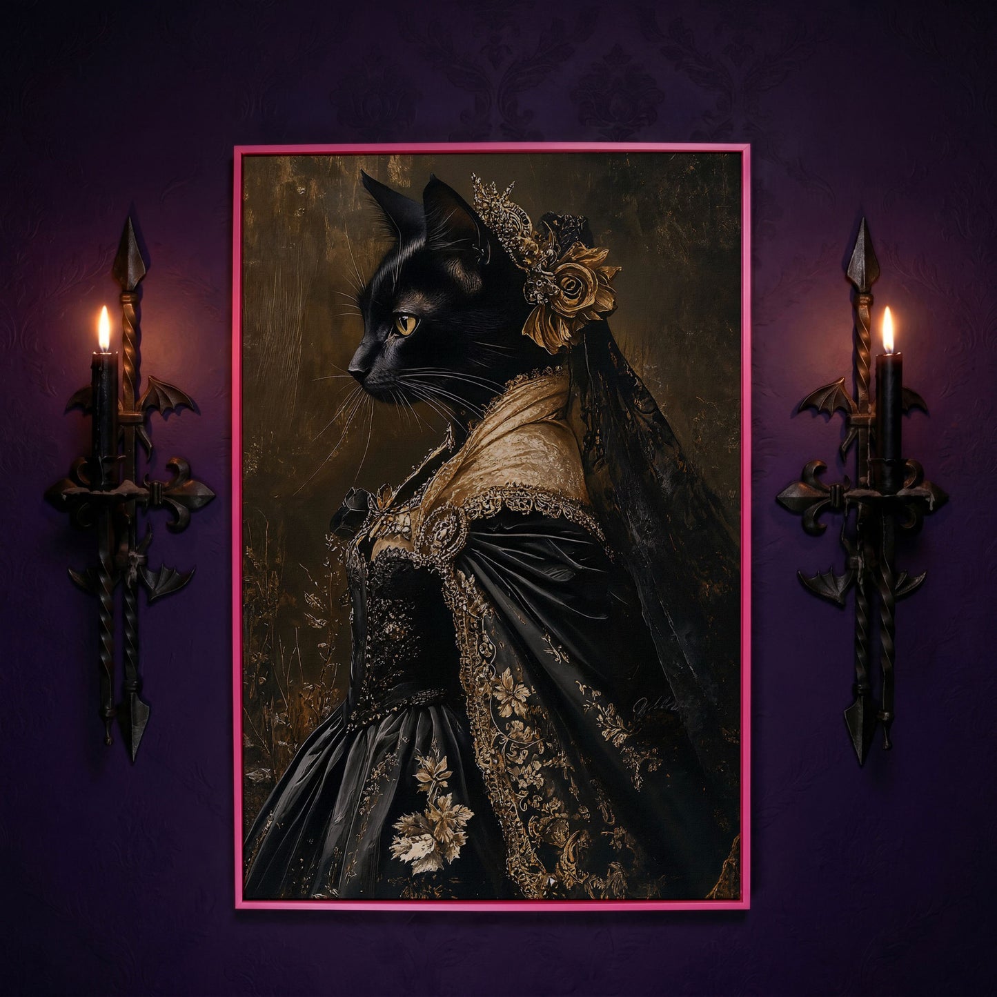 Victorian Black Cat Portrait Canvas Art, Dark Academic Wall Decor in pink floating frame