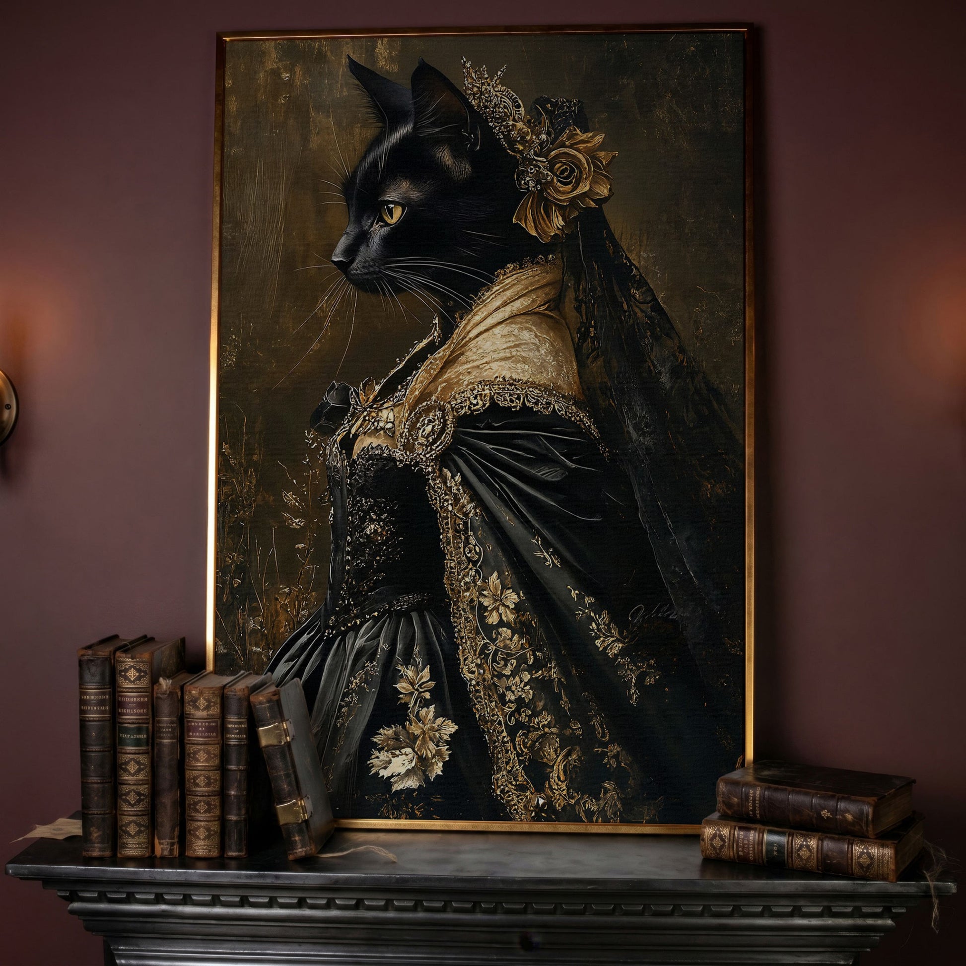 Victorian Black Cat Portrait Canvas Art, Dark Academic Wall Decor in rose gold floating frame