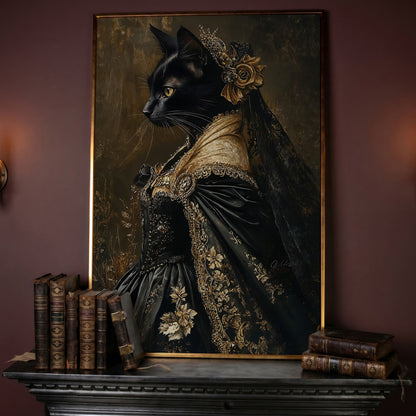 Victorian Black Cat Portrait Canvas Art, Dark Academic Wall Decor in rose gold floating frame