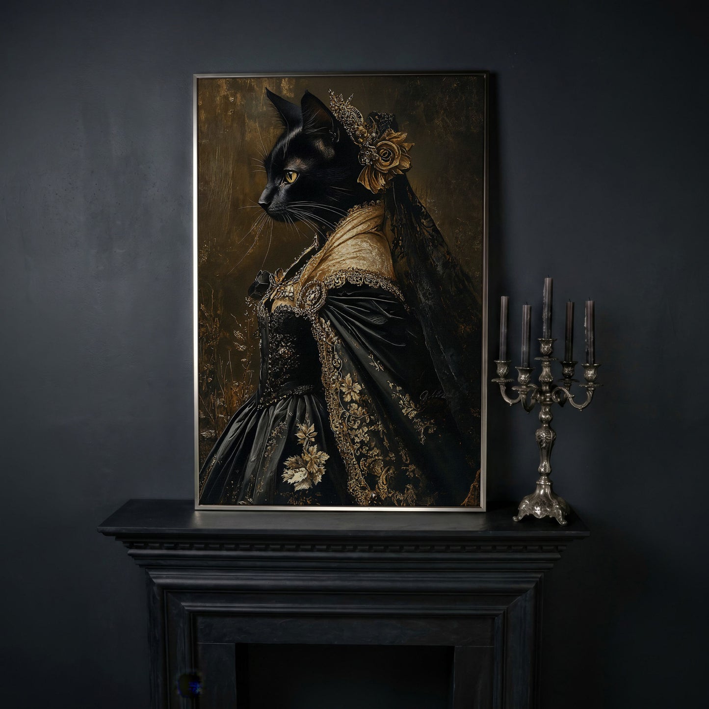 Victorian Black Cat Portrait Canvas Art, Dark Academic Wall Decor in silver floating frame