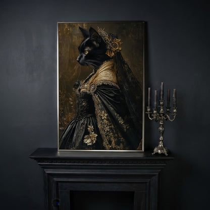 Victorian Black Cat Portrait Canvas Art, Dark Academic Wall Decor in silver floating frame