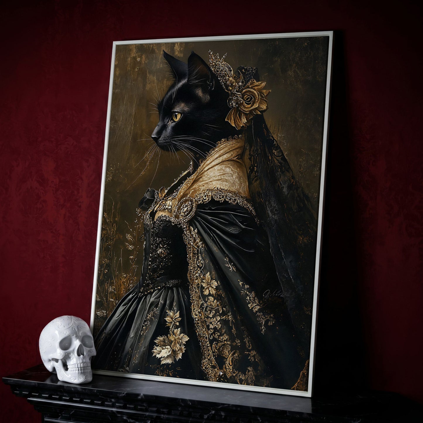 Victorian Black Cat Portrait Canvas Art, Dark Academic Wall Decor in white floating frame