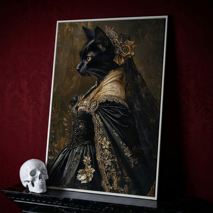 Victorian Black Cat Portrait Canvas Art, Dark Academic Wall Decor in white floating frame