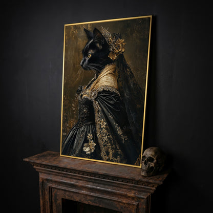 Victorian Black Cat Portrait Canvas Art, Dark Academic Wall Decor in yellow gold floating frame