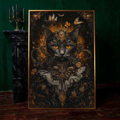 Black Cat Portrait with Baroque Gold Crown and Lace Collar canvas in antique gold floating frame