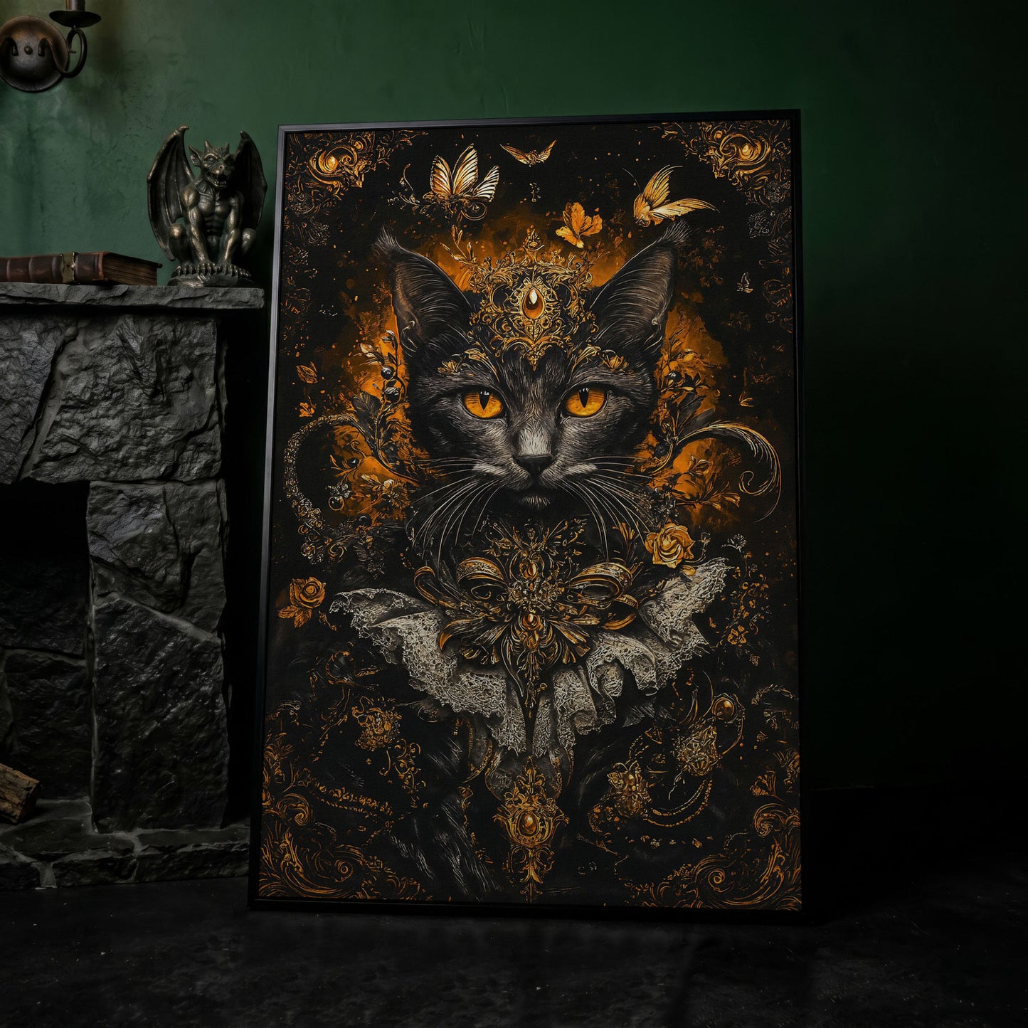 Black Cat Portrait with Baroque Gold Crown and Lace Collar canvas in black floating frame